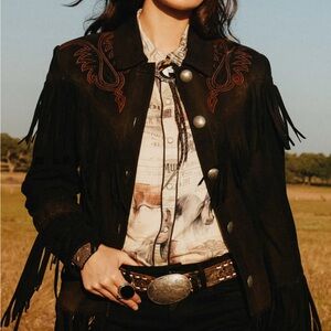 Double D Ranch Ranchman Suede Leather Fringe jacket embroidered RTL $995 NWOT L
